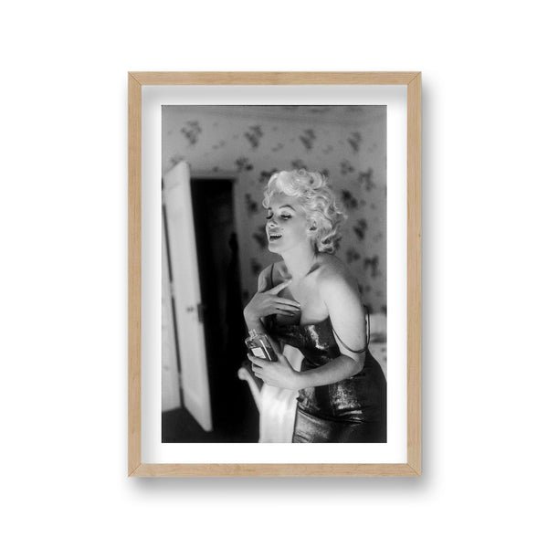 Marilyn Portait With Chanel No 5 In Shimmering Dress Strap Off Of Shoulder Vintage Icon Print